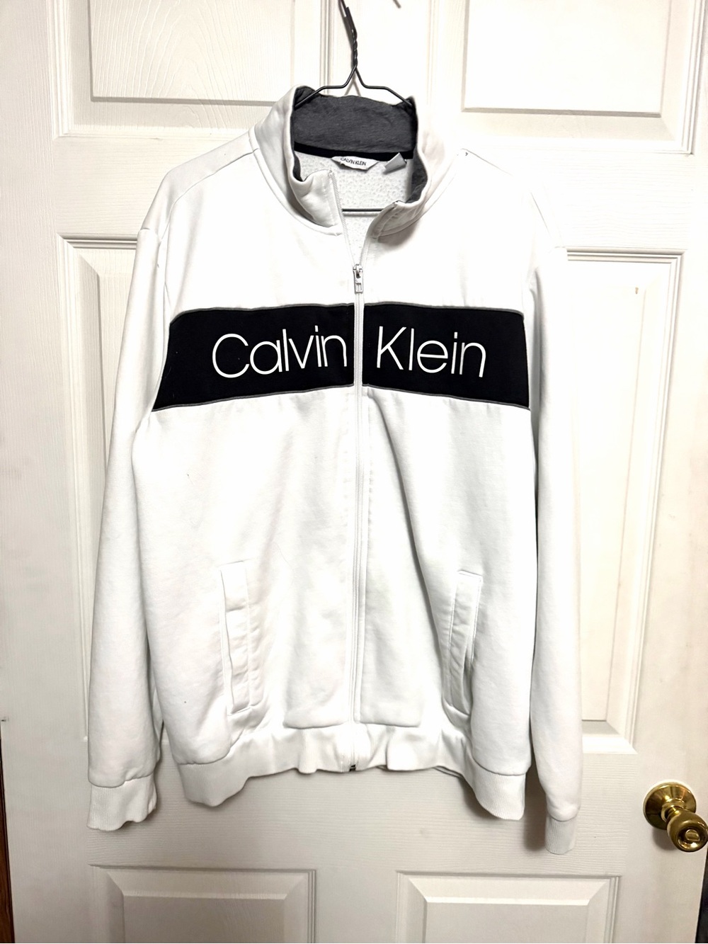 Calvin Klein White Zip-Front Jacket with Black Logo Band